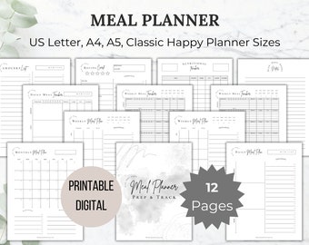 Puede incluir: Planificador de comidas imprimible con 12 páginas, que incluye una lista de la compra, una tarjeta de recetas, un rastreador de comidas diario, un rastreador de comidas semanal y un plan de comidas mensual. El planificador está diseñado para los tamaños US Letter, A4 y A5.