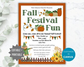Op de afbeelding: Een flyer voor een herfstfestival met de tekst New Haven Church Presents Fall Festival Fun. Het ontwerp bevat illustraties van pompoenen, zonnebloemen, een vogelverschrikker en een hek, met evenementdetails voor 30 oktober, 17:00-19:00 uur.