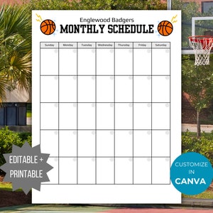 Basketball Season Calendar template Monthly Basketball team game schedule editable Basketball coach practice schedule printable calendar