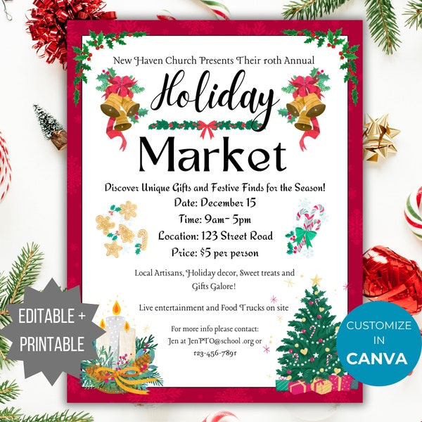 Holiday Market Christmas Fundraiser Flyer Invite Template Holiday charity event Editable Winter Community event printable Church event Flyer