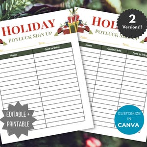 Puede incluir: Dos hojas de inscripción para un potluck navideño imprimibles con un tema navideño festivo. Las hojas tienen un esquema de color rojo y verde con un patrón de regalos y acebo. El texto en las hojas dice "Holiday Potluck Sign Up" y "Customize in Canva".