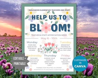 Teacher Appreciation Week Schedule Flyer Spring Bloom School Staff Appreciation printable floral teacher appreciation itinerary template