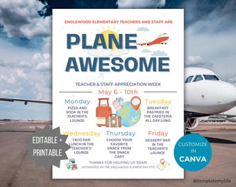 First Class Teacher Appreciation flyer PTA Staff Appreciation week template PTO printable Plane theme teacher appreciation week schedule