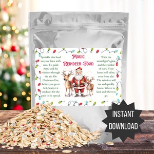 Tradizione natalizia stampabile con cibo magico per renne, attività per bambini stampabile, scatola della vigilia di Natale, etichetta per cibo con renne, borsa per dolcetti, bomboniera