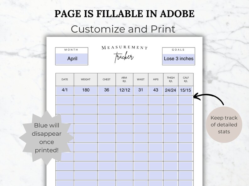 Body Measurement Tracker Chart Printable Fitness Planner Editable ...