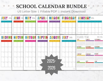 2025-2026 School Year Calendar Printable Monthly Calendar Bundle Year at a Glance Back to School Calendar Editable Yearly Teacher Calendar
