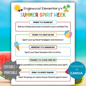 Summer Spirit Week Flyer Printable School Spirit Flyer editable pto template office Spirit week itinerary pta flyer school event handout