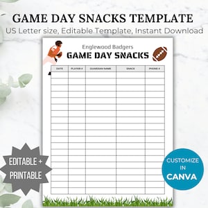 Football snacks schedule template football snack sign up sheet game day snack sheet printable sports game day snacks coach schedule team mom