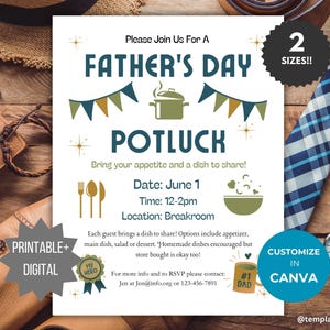Könnte beinhalten: Ein Einladungsflyer für ein Vatertags-Potluck mit dunkelblauem Text, einem grünen Kochtopf-Symbol, Wimpeln und Besteckgrafiken. Der Flyer enthält Veranstaltungsdetails für den 1. Juni, 12-14 Uhr im Pausenraum, sowie eine #1 Dad Tassenillustration.