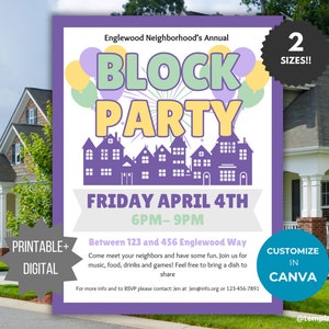 May include: Purple and yellow printable block party invitation with a silhouette of houses and fireworks. The text reads "Englewood Neighborhood's Annual Block Party, Friday April 4th, 6PM-9PM, Between 123 and 456 Englewood Way, Come meet your neighbors and have some fun. Join us for music, food, drinks and games! Feel free to bring a dish to share. For more info and to RSVP please contact: Jen at Jen@info.org or 123-456-7891. Customize in Canva. @templatemylife"