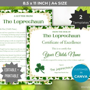 Carta personalizable del Día de San Patricio Leprechaun Trap certificado regalo para niños imprimible de Leprechaun Carta editable de Leprechaun regalo niño