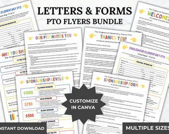 May include: A digital bundle of elementary school PTO letters and forms featuring colorful headings and text. The documents include membership forms, sponsorship levels, volunteer forms, and welcome letters, all designed for customization in Canva.