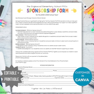 Formulario de patrocinio de la PTA Carta de patrocinio de la PTO imprimible Plantilla de patrocinio empresarial editable Folleto de patrocinio escolar de la pto Donación de la pta