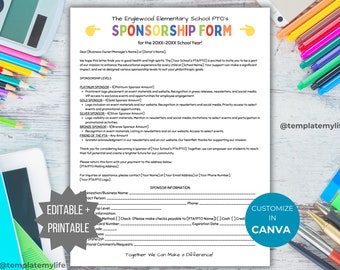 PTA Sponsorship Form Printable PTO Sponsorship letter editable business sponsorship template pto School sponsorship handout pta donation