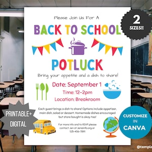 May include: A white flyer for a Back to School Potluck featuring colorful text, a purple cooking pot icon, bunting, a yellow school bus, and a globe. The text includes event details, date, time, location, and contact information for RSVP.