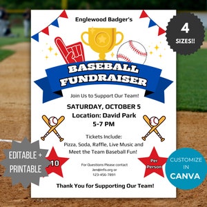 Editable Baseball Fundraiser Flyer template School Baseball team fundraiser Invite Baseball tournament fundraising poster club team flyer