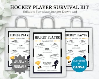 Hockey Player Survival Kit Editable Template Hockey team gift printable Hockey party favor gift idea Hockey themed birthday favor bag gift