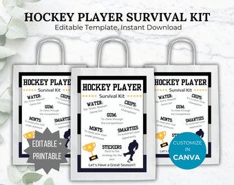 Kit de supervivencia del jugador de hockey Plantilla editable Regalo del equipo de hockey imprimible Fiesta de hockey favor idea de regalo Hockey temática cumpleaños favor bolsa regalo