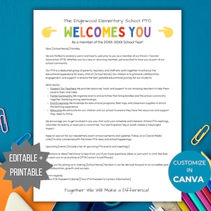 Bienvenido a la plantilla de carta de la PTA Folleto de carta de bienvenida de la PTO a los padres Carta de bienvenida de la pta editable Folleto de la PTO Hoja del paquete de bienvenida de la PTA