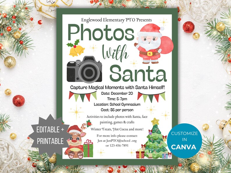 Photo with Santa Christmas Fundraiser Flyer PTO Template Holiday Fundraising invite Editable Winter School event Flyer Holiday PTA printable
