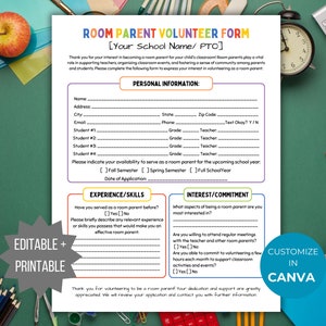 Editable PTO Room Parent Form Template PTA Room Parent volunteer sign up flyer pta room mom classroom parent sign-up form sheet school flyer