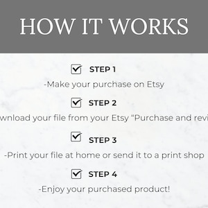Puede incluir: Un fondo blanco con texto negro que explica c&oacute;mo comprar y descargar un producto digital de Etsy. El texto incluye los pasos: 1. Realiza tu compra en Etsy, 2. Descarga tu archivo desde tu Etsy "Compra y rese&ntilde;as", 3. Imprime tu archivo en casa o env&iacute;alo a una imprenta, 4. &iexcl;Disfruta de tu producto comprado!