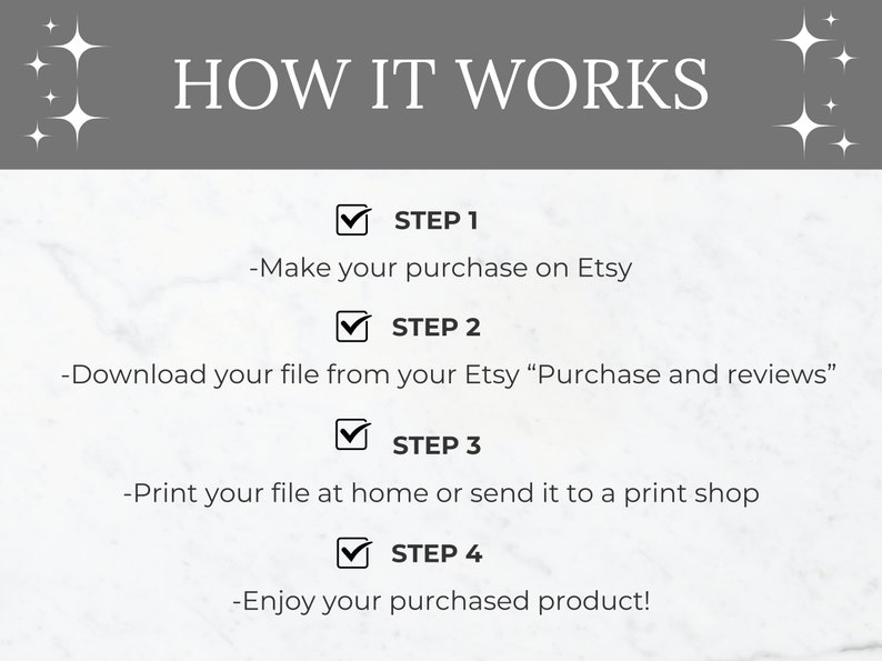 Puede incluir: Un fondo blanco con texto negro que explica c&oacute;mo comprar y descargar un producto digital de Etsy. El texto incluye los pasos: 1. Realiza tu compra en Etsy, 2. Descarga tu archivo desde tu Etsy "Compra y rese&ntilde;as", 3. Imprime tu archivo en casa o env&iacute;alo a una imprenta, 4. &iexcl;Disfruta de tu producto comprado!