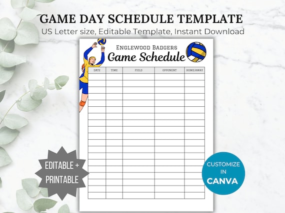 Volleyball game schedule template Volleyball sports calendar game day schedule volleyball coach planner printable team mom game schedule
