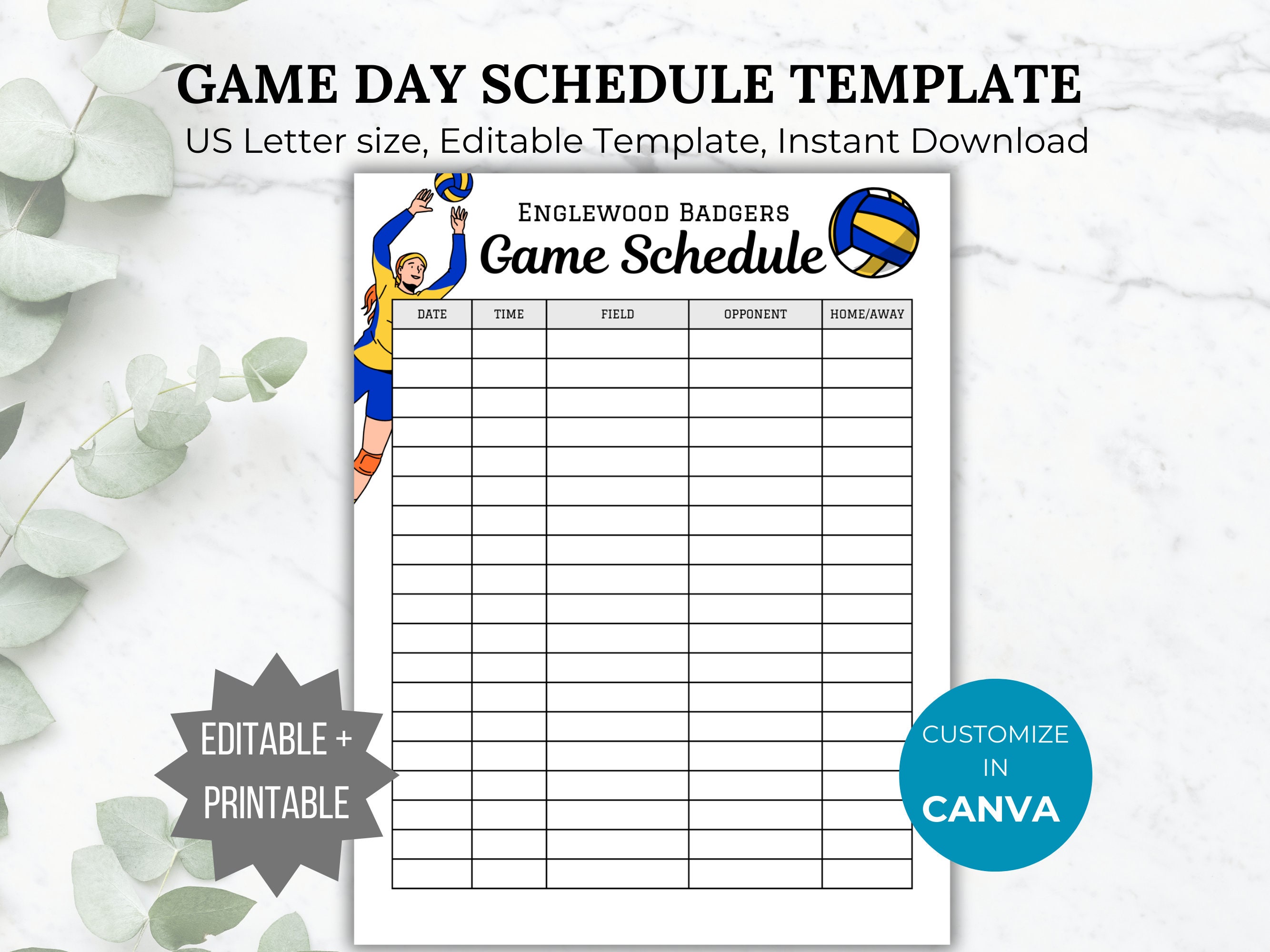 Volleyball Game Schedule Template Volleyball Sports Calendar Etsy