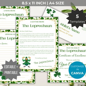 Paquete de cartas de duende del Día de San Patricio Leprechaun Trap premio imprimible Regalo del Día de San Patricio para niños sobre de certificado de carta editable