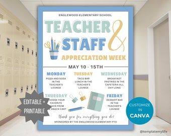 Teacher Appreciation Week Flyer PTA PTO Template School Staff Appreciation week poster printable teacher appreciation schedule of events