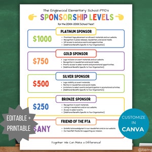 PTA Sponsorship Level Flyer Printable PTO Sponsorship level editable template sponsorship template pto School sponsorship flyer pta donation