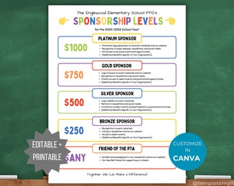 PTA Sponsorship Level Flyer Printable PTO Sponsorship level editable template sponsorship template pto School sponsorship flyer pta donation