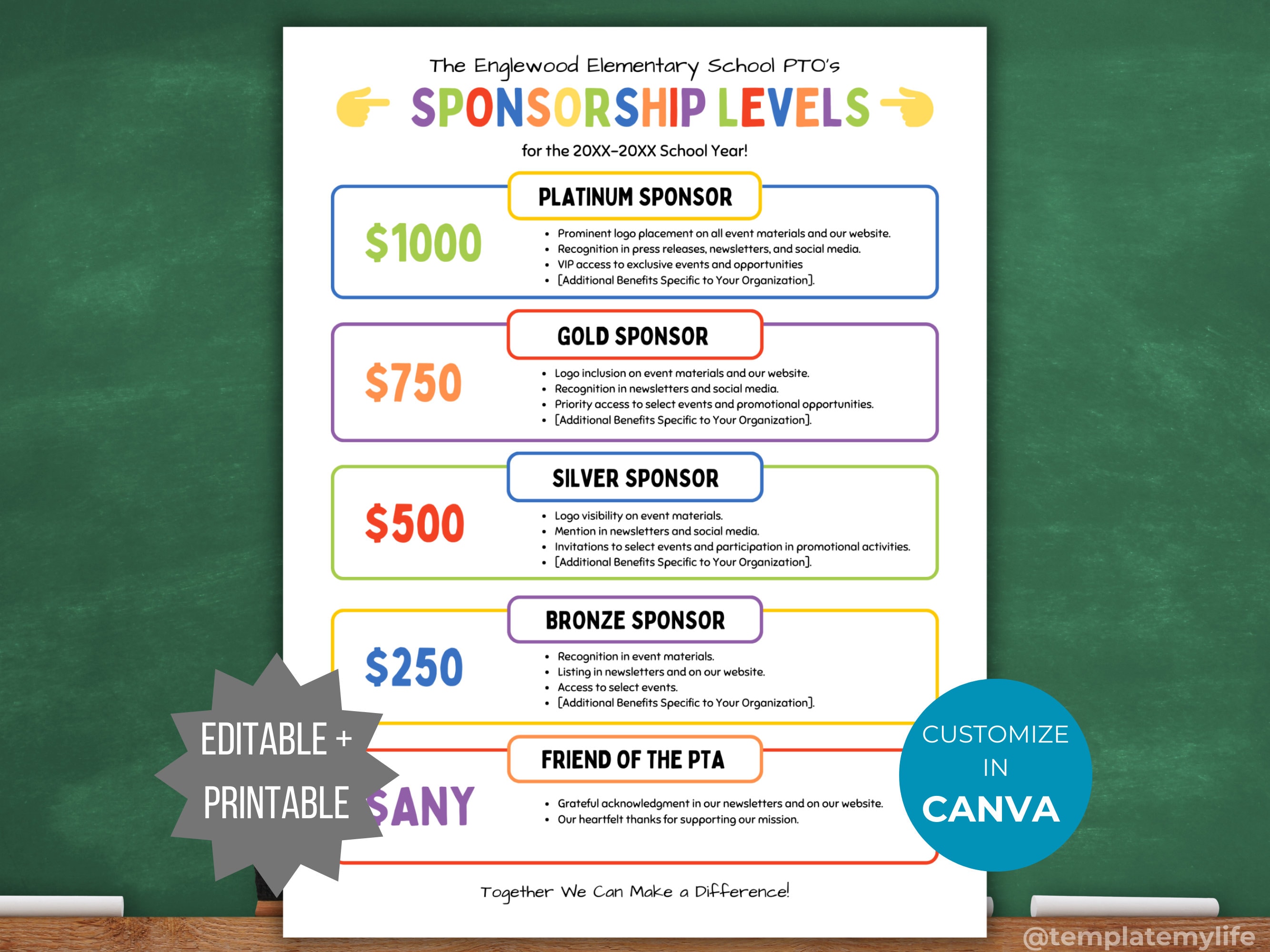 PTA Sponsorship Level Flyer Printable PTO Sponsorship level editable template sponsorship template pto School sponsorship flyer pta donation