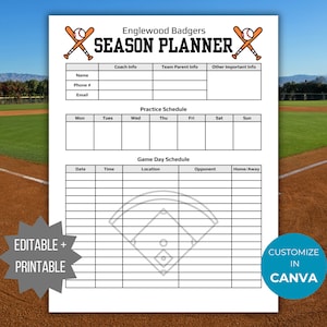 Puede incluir: Planificador de temporada de béisbol imprimible con un gráfico de campo de béisbol. El planificador incluye secciones para información del entrenador, información de los padres del equipo, calendario de prácticas y calendario de días de juego.