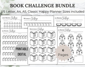 Book Challenge Tracker Printable, 10, 25, 50, 100 Books reading challenge digital tracker weekly monthly reading log fun reading planner log