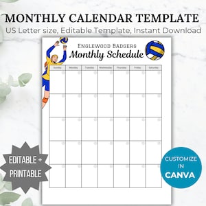 Volleyball Season Calendar template Monthly volleyball game schedule editable volleyball practice schedule printable volleyball mom calendar
