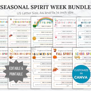 SPIRIT WEEK flyer editable template bundle monthly school spirit schedule printable seasonal school event handout pto template pta flyer