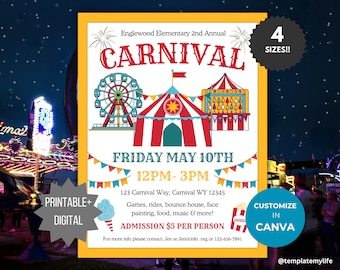 Karneval einladen Festival Flyer Vorlage PTO Karneval Partyeinladung Printable Schule Spendenaktion Karneval Flyer digitale Zirkus-Party einladen