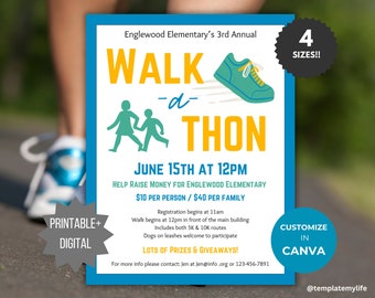 Walk-a-thon flyer editable marathon race fundraiser flyer PTA printable School event PTO template family fun walk 5k 10k race invite digital