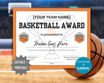 Editable Basketball award certificate template team player participation gift template sports team recognition coach thank you printable