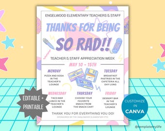 May include: A flyer for Engelwood Elementary Teachers & Staff Appreciation Week, May 10-15th. The design features retro graphics like a cassette tape, floppy disk, and telephone, with a schedule of daily events and the text Thanks For Being So Rad.