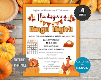 Thanksgiving Bingo Night flyer PTO template school fundraiser flyer event invitation library Game night PTA flyer fall community event flyer