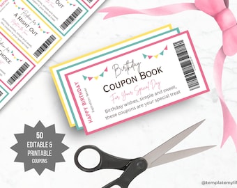 Peut inclure: Un carnet de coupons d'anniversaire composé de tickets rectangulaires avec des guirlandes colorées, des codes-barres et le texte Birthday COUPON BOOK, For Your Special Day et Happy Birthday. Une paire de ciseaux noirs est placée en dessous.