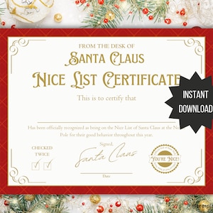Santa Nice List Certificato lettera stampabile da Babbo Natale regalo Idea per riempire la scatola della vigilia di Natale per bambini Tradizione natalizia ufficiale della posta di Babbo Natale