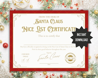 Certificado de Lista de Niza de Santa Carta imprimible de regalo de Santa Idea de relleno de caja de Nochebuena para niños Correo oficial de Santa Tradición navideña