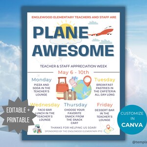 Plane Awesome Teacher Appreciation Week flyer PTO Staff Appreciation template PTA printable Travel theme teacher appreciation schedule flyer