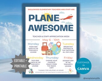 Plane Awesome Teacher Appreciation Week flyer PTO Staff Appreciation template PTA printable Travel theme teacher appreciation schedule flyer
