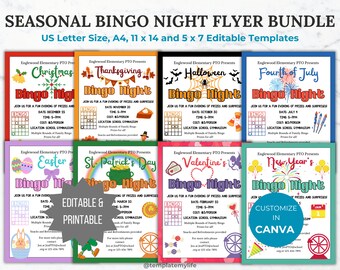Seasonal Bingo Night PTA flyer template PTO school fundraiser flyer event invitation library Game night flyer community event invite bundle