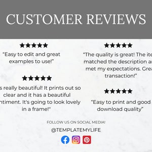 May include: Customer reviews for a digital product. The reviews are positive and highlight the ease of use, quality, and print quality of the product. The text includes "Easy to edit and great examples to use!" "It's really beautiful! It prints out so clear and it has a beautiful sentiment. It's going to look lovely in a frame!" "The quality is great! The item matched the description and met my expectations. Great transaction!" "Easy to print and good download quality"